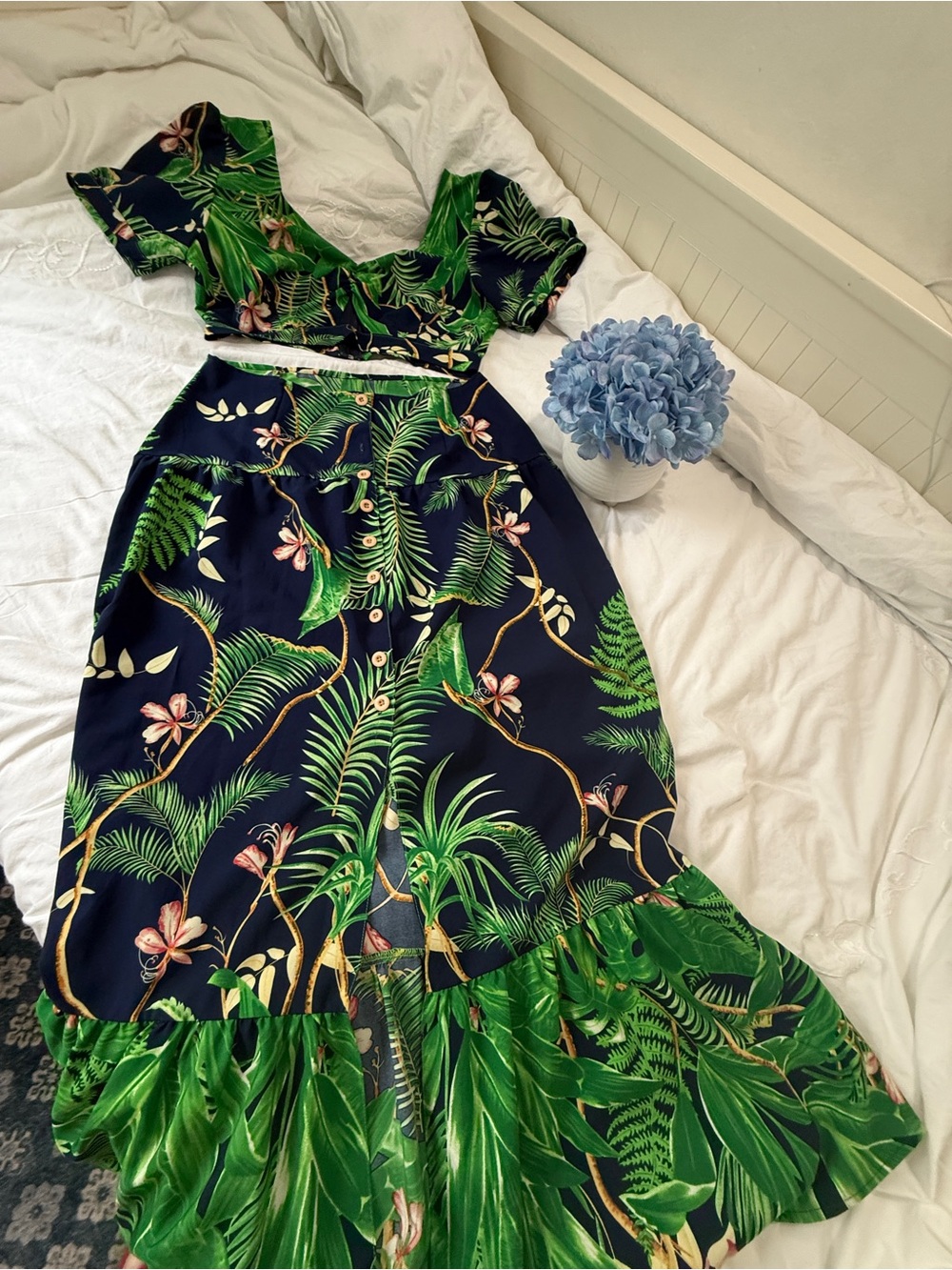 Tropical Navy Two-Piece Midi Skirt Set with Green Leaf Print